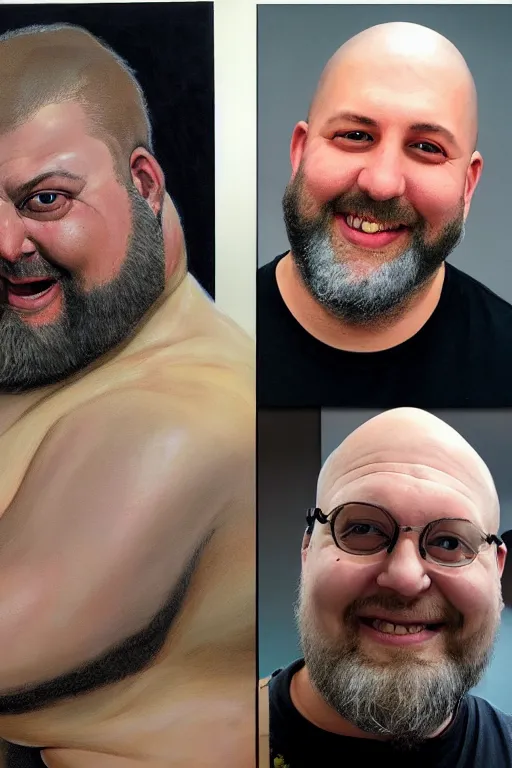 Prompt: chonky ethan van sciver with a bald head, grey trimmed beard, pointed nose, ethan van sciver, striking hyper real painting, comic book style portrait painting, greg rutkowski, wlop, charlie bowater