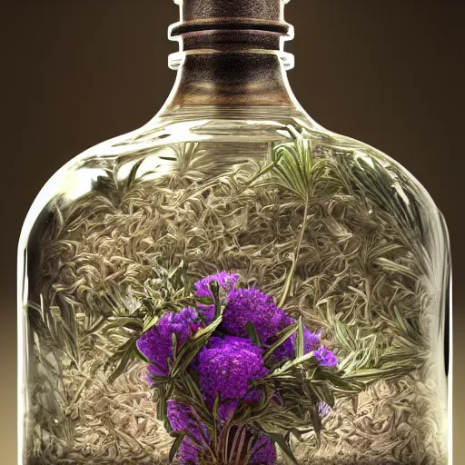 Prompt: wide shot, intricate hyper detailed ultra sharp, lilac glass potion bottle, dried herbs, sharp focus, global illumination, oil painting, museum, masterpiece, vermeer, radiant light, alexandre ferra, irakli nadar, octane render, unreal engine, 4 k, ultra hd,
