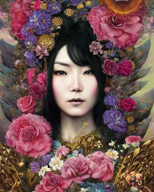 Image similar to portrait of the japanese queen of the underworld, surrounded by flowers by karol bak, james jean, tom bagshaw, rococo, sharp focus, trending on artstation, cinematic lighting, hyper realism, octane render, 8 k, hyper detailed.