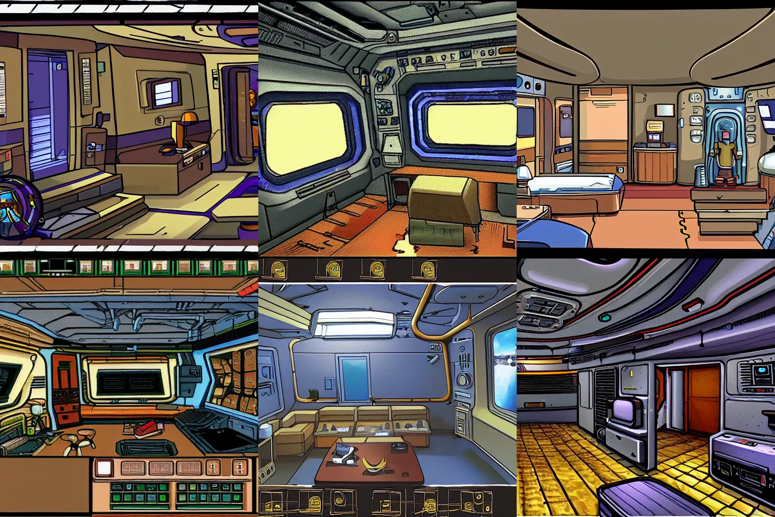 Prompt: inside an officer's living quarters on a spaceship, from a space themed Sierra point and click 2D graphic adventure game, made in 1999, high quality graphics