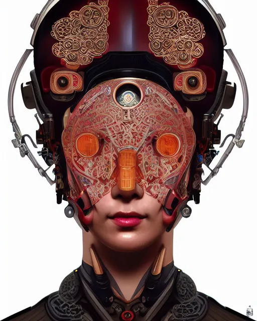 Image similar to portrait of a cyberpunk machine, machine face, upper half portrait, decorated with chinese opera motifs, asian, fine china, traditional chinese art, intricate, elegant, highly detailed, symmetry, headpiece, digital painting, artstation, concept art, smooth, sharp focus, illustration, art by artgerm and greg rutkowski and alphonse mucha, 8 k