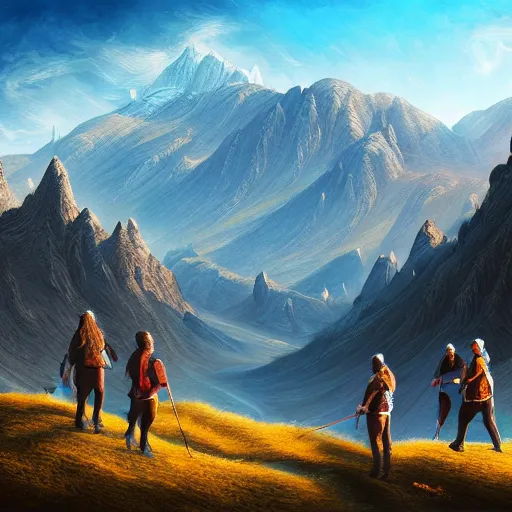 Image similar to of Willow team in Armenia hiking at a weekend and posing with mountains on the background, dark fantasy, medium shot, intricate, ornate, elegant, highly detailed, digital painting, volumetric light, artstation, concept art, smooth, sharp focus, illustration