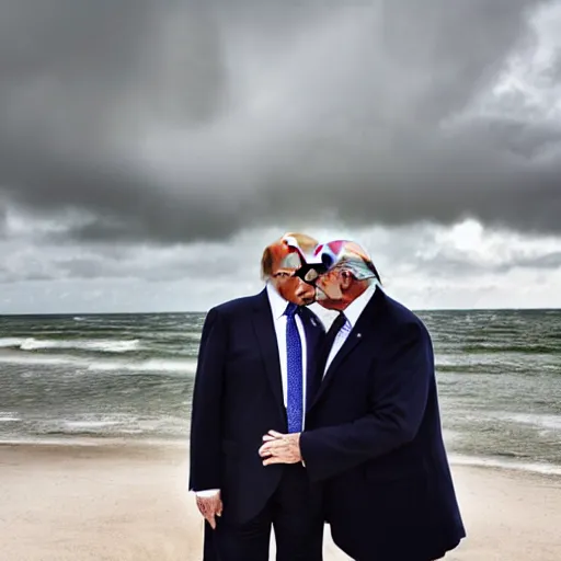 Image similar to 4 k hdr full body wide angle sony portrait of ron desantis kissing donald trump with moody stormy overcast lighting