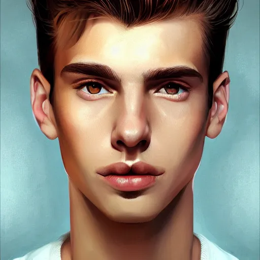 Image similar to man in his twenties with brown blond short quiff hair and thin slightly round facial structure with cleft chin, bumpy nose, good definition of cheekbones, Alert brown eyes, narrow face, slim body, atmospheric lighting, painted, intricate, 4k, highly detailed by Charlie Bowater