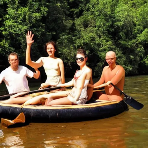 Image similar to four people on a wooden raft