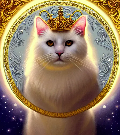 Prompt: portrait of the powerful space queen white fluffy cat in the style of boris vallejo and in the style of edmund blair leighton. glowing, ornate and intricate linework, sharp focus, depth of field, stunning, dynamic lighting, ultrafine and hyperdetailed.