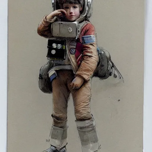 Image similar to (((((portrait of boy dressed as retro space explorer in an actionpose . muted colors.))))) by Jean-Baptiste Monge !!!!!!!!!!!!!!!!!!!!!!!!!!!