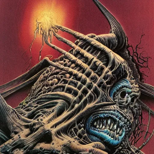 Prompt: eddie from iron maiden, bloated, fluid, smooth, organic, crazy, bright, colours, tumours, high contrast, sharpness, dramatic, very detailed, intricate, by giger and corben and moebius and beksinski and bosch and bacon