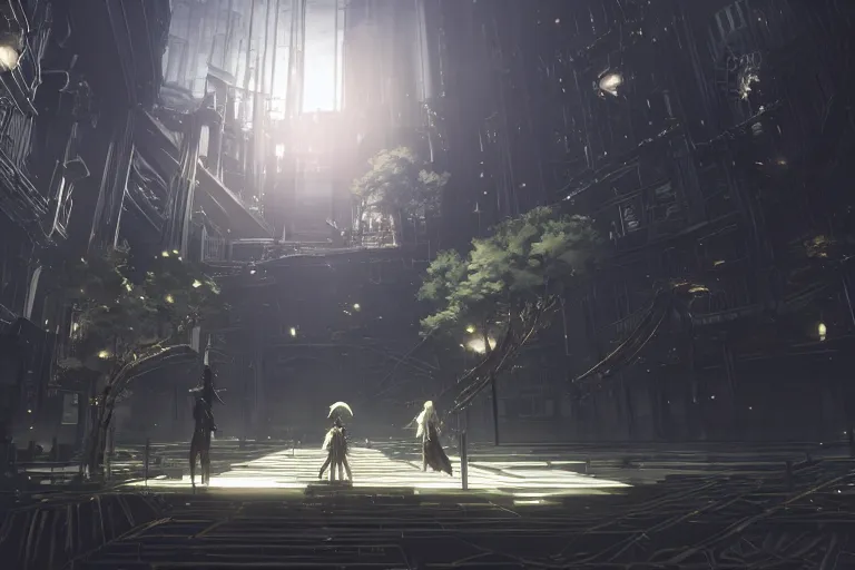 Image similar to nier automata concept scenery. antiinfinity gold trim. antimirror pixiv scenery art. antibiomechanical nier automata. anticeramic antiextension. infinitely detailed. luminous! light! magic!