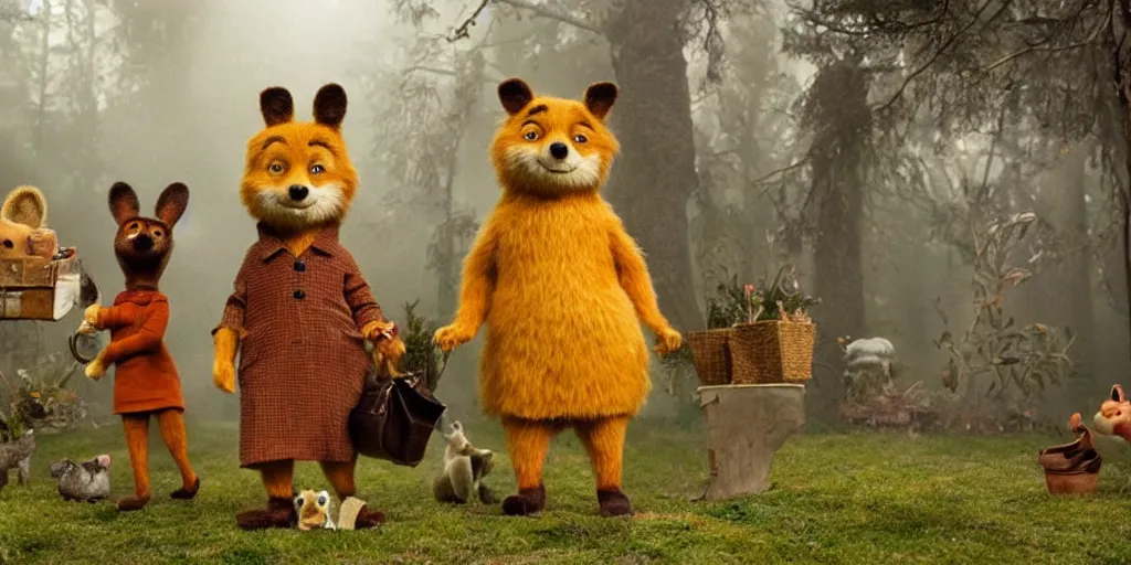 Image similar to a still from Fantastic Mr. Fox depicting Winnie the Pooh characters