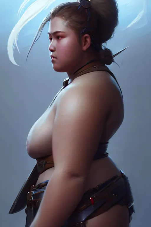 Prompt: portrait of a beautiful chonky young female warrior in the middle of a fight as drawn by eric anthony johnson ericanthonyj artstation artgerm greg rutkowski and magali villeneuve 8 k subsurface scattering, soft light