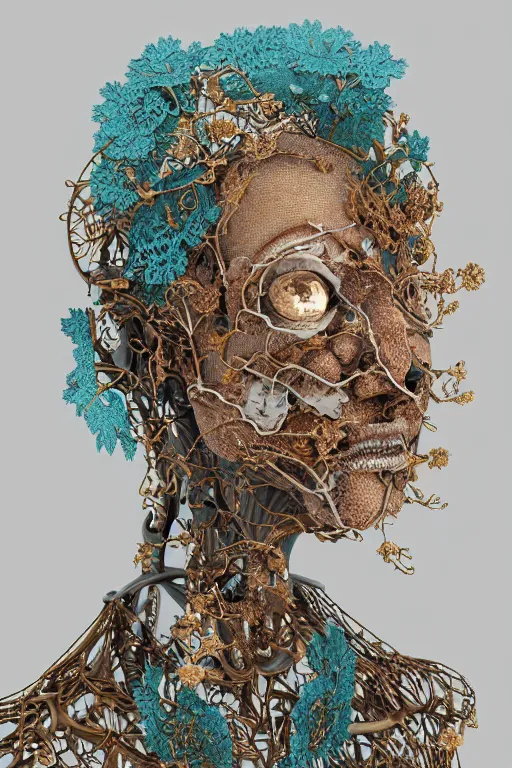 Prompt: complex 3d render ultra detailed of a beautiful broken porcelain old woman face, rusty biomechanical cyborg, analog, 150 mm lens, beautiful natural soft rim light, big leaves and stems, roots, fine foliage lace, turquoise gold details, Alexander Mcqueen high fashion haute couture, art nouveau fashion embroidered, intricate details, mesh wire, mandelbrot fractal, anatomical, facial muscles, cable wires, elegant, hyper realistic, in front of dark flower pattern wallpaper, ultra detailed, octane render, volumetric lighting, 8k post-production