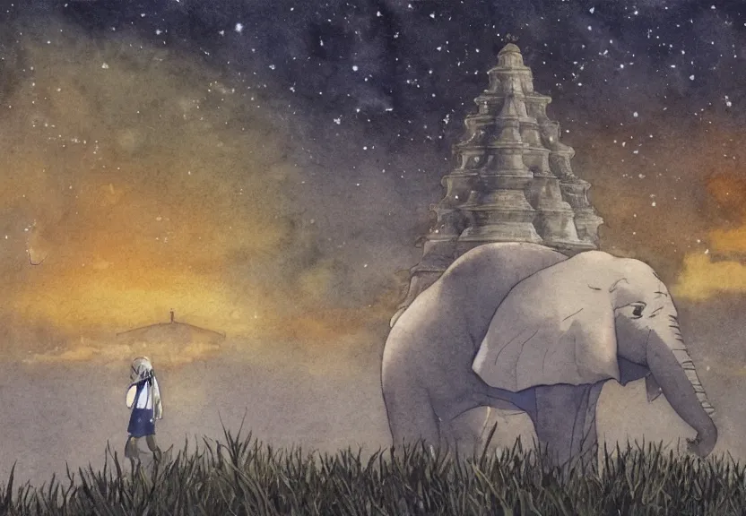 Image similar to a hyperrealist watercolor concept art from a studio ghibli film showing one giant grey elephant. a temple is under construction in the background in india on a misty and starry night. by studio ghibli. very dull muted colors