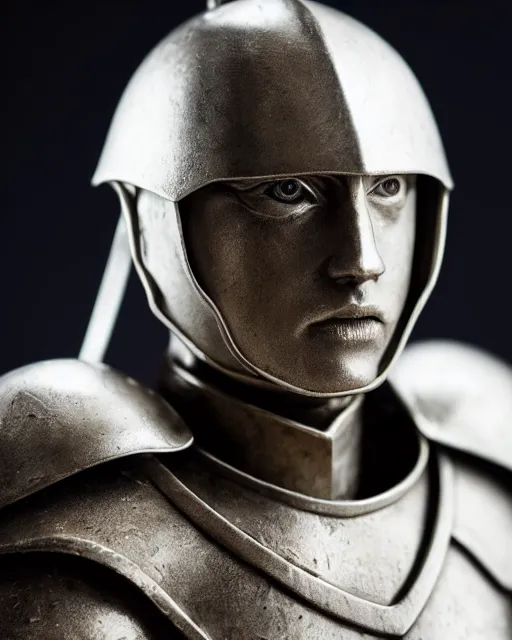 Prompt: portrait of a figurine of brienne of tarth from the fantasy series game of thrones. glossy. silver helmet, silver shoulder pads. shallow depth of field. suit of armor.