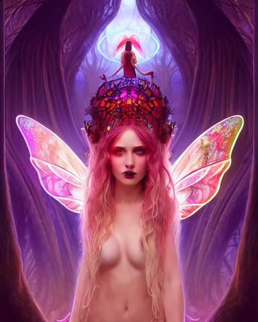 Image similar to stunningly beautiful female faerie priestess in amanita muscaria forest landscape, symmetrical wings on back, symmetrical face, neon hair, fantasy art, dark light night, sharp focus, digital painting, 4 k, concept art, art by wlop, artgerm, greg rutkowski and alphonse mucha