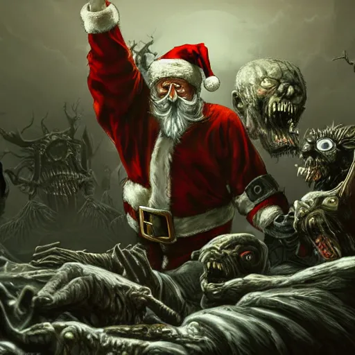 Image similar to Santa engages Armageddon mode, zombie, help, intricate detail, lovecraftian, intense, brutal, digital painting, fine stylization, UHD, 8K