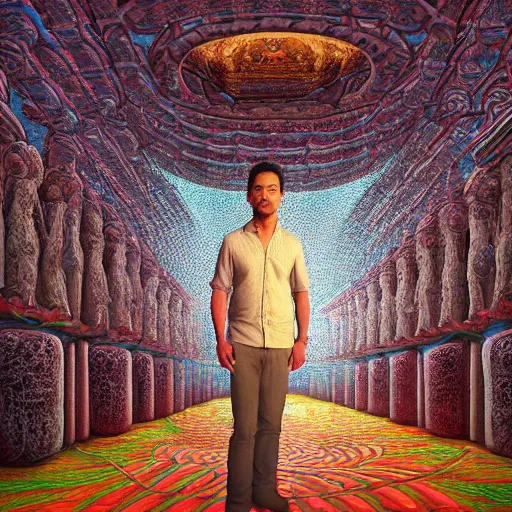 Prompt: !dream Photorealistic man standing inside a temple made of snakes. Hyperdetailed photorealism, 108 megapixels, amazing depth, glowing rich colors, powerful imagery, psychedelic Overtones