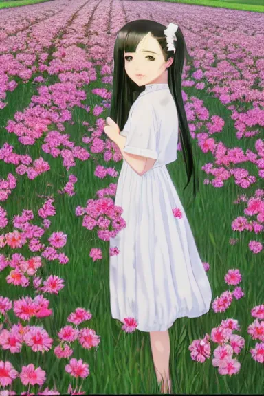 Image similar to little girl with her long black hair dressed in a simple white dress lying in a flowery field, anime art style, digital art by ilya kuvshinov, inspired by balthus, hd, 4 k, hyper detailed, rear view