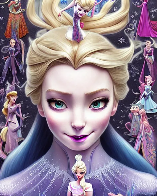 Image similar to ' princess elsa, insanity, demented, morbid, surreal ', beautiful shadowing, 3 d shadowing, reflective surfaces, illustrated completely, 8 k beautifully detailed pencil illustration, extremely hyper - detailed pencil illustration, intricate, epic composition, masterpiece, bold conflicting colors. stunning masterfully illustrated by artgerm, range murata, alphonse mucha, katsuhiro otomo.