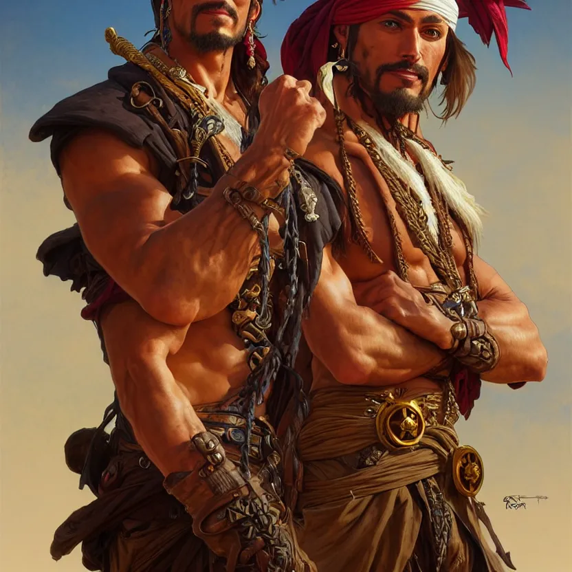 Image similar to , portrait of a 1 male pirate captain of the desert, muscular upper body, D&D, fantasy, intricate, elegant, highly detailed, digital painting, artstation, concept art, smooth, sharp focus, illustration, art by artgerm and greg rutkowski and alphonse mucha