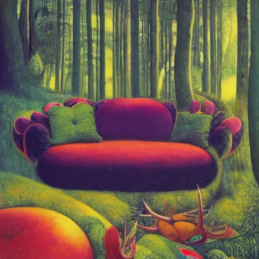 Image similar to psychedelic couch sofa in the lush pine forest, outer space, milky way, moose antlers, designed by arnold bocklin, jules bastien - lepage, tarsila do amaral, wayne barlowe and gustave baumann, cheval michael, trending on artstation, star, sharp focus, colorful refracted sparkles and lines, soft light, 8 k 4 k