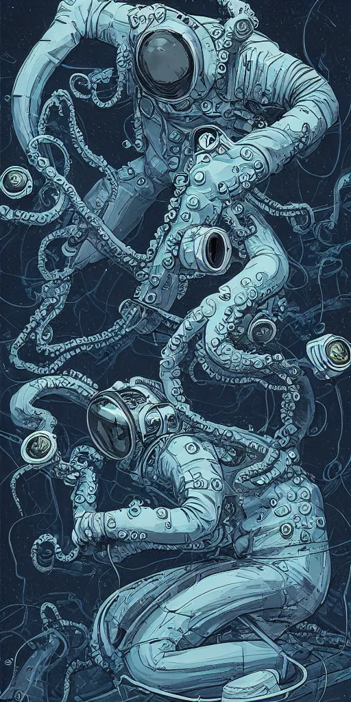 Image similar to eldritch astronaut with tentacle arms, style of james jean and laurie greasley and greg rutkowski, dynamic composition, dramatic lighting, hyper - realistic, ultra detailed, 8 k