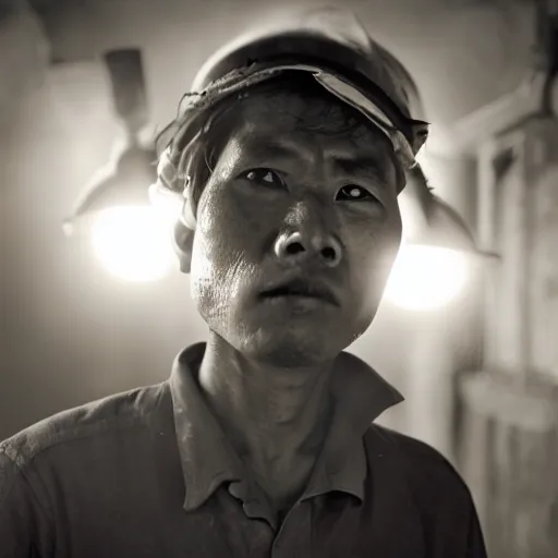 Image similar to a dramatic portrait of worker from asia, cinematic lighting