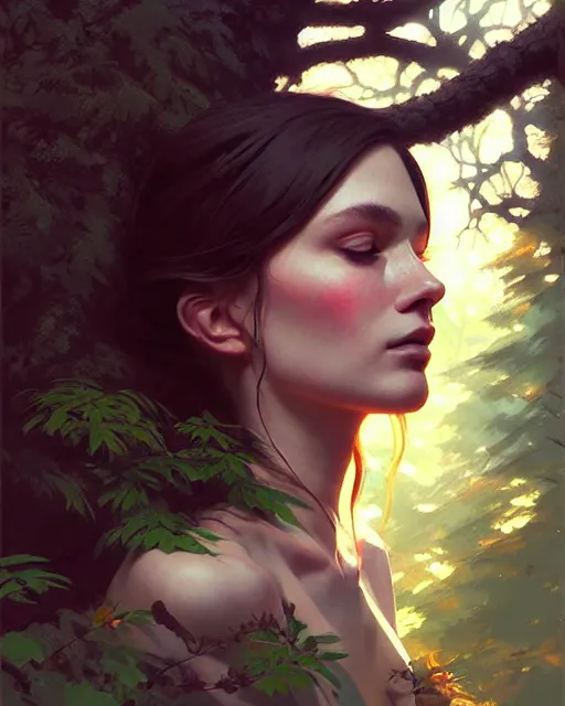 Image similar to stylized portrait of an artistic pose, composition, old forest witch surrounded by nature, realistic shaded, fine details, realistic shaded lighting poster by ilya kuvshinov, magali villeneuve, artgerm, jeremy lipkin and michael garmash and rob rey