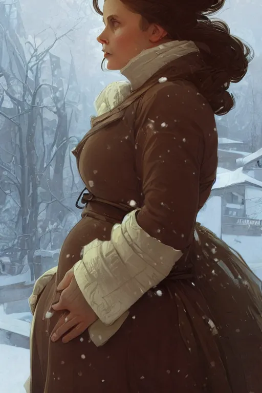 Prompt: portrait of a pregnant woman in the besieged Leningrad in winter, terror, fear, digital painting, artstation, concept art, smooth, sharp focus, illustration, art by artgerm and greg rutkowski and alphonse mucha