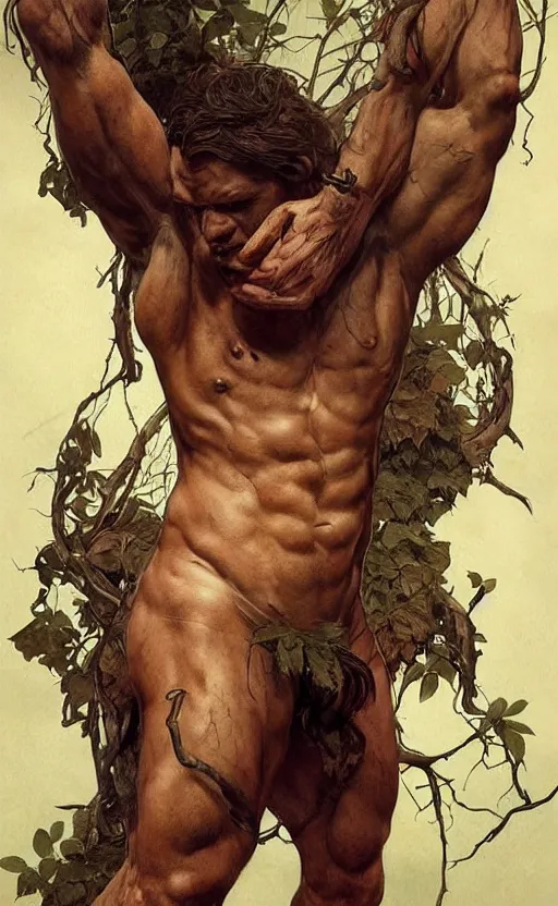 Image similar to god of the forest, 30 years old, rugged, male, gorgeous, detailed face, detailed hands!!!!!!, amazing, thighs!!!!!!, muscular, intricate, highly detailed, digital painting, artstation, concept art, sharp focus, illustration, art by greg rutkowski and alphonse mucha