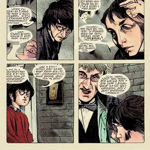 Prompt: in one frame Harry Potter talking in The Sandman comic, by Neil Gaiman, by Dave McKean, comics Sandman, small details, whole-length, clear faces