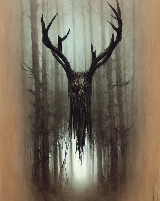 Image similar to oil painting of forest spirit made out of wooden sticks with a deer skull for a face, dark forest, fog, dark fantasy, gloomy, pale colors, by greg rutkowski