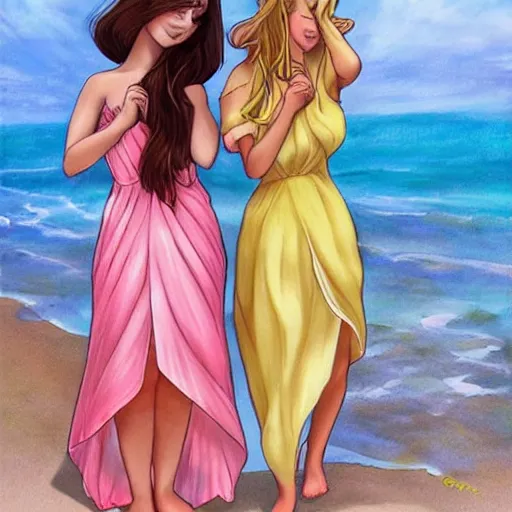 Prompt: two beautiful princesses in sundresses on the beach drawn by artgerm