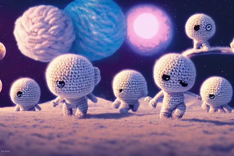 Image similar to an expedition of crochet astronauts discovering a new fluffy planet made out of yarn. cute, illustration, digital art, inspired by little big planet, by greg rutkowski, detailed, sharp, masterpiece, highly detailed, photorealistic, octane render, 8 k, unreal engine 5, trending on artstation