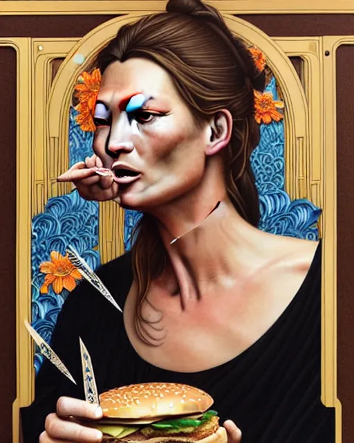 Image similar to Beautiful and playful portrait of kate moss eating a big mac, art nouveau, fantasy, intricate flower designs, elegant, highly detailed, sharp focus, art by Hasui Kawase, Artgerm and Greg Rutkowski and WLOP