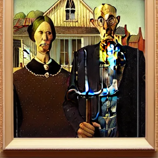 Image similar to “A couple of grim farmer robots in the style of American Gothic, 1930 painting by Grant Wood, Royal Academy of Arts”