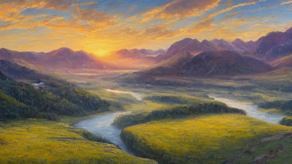 Prompt: The most beautiful panoramic landscape, oil painting, where the mountains are towering over the valley below their peaks shrouded in mist. An enormous flock of birds is coming, The sun is just peeking over the horizon producing an awesome flare and the sky is ablaze with warm colors and stratus clouds. The river is winding its way through the valley and the trees are starting to turn yellow and red, by Greg Rutkowski, aerial view