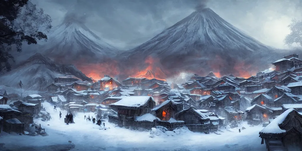 Prompt: eastern style snow covered village in the mountains with hot springs, volcano at the background. in style of greg rutkowski and hyung - tae kim, trending on artstation, dark fantasy, great composition, concept art, highly detailed, dynamic pose, vibrant colours, epic, 8 k.