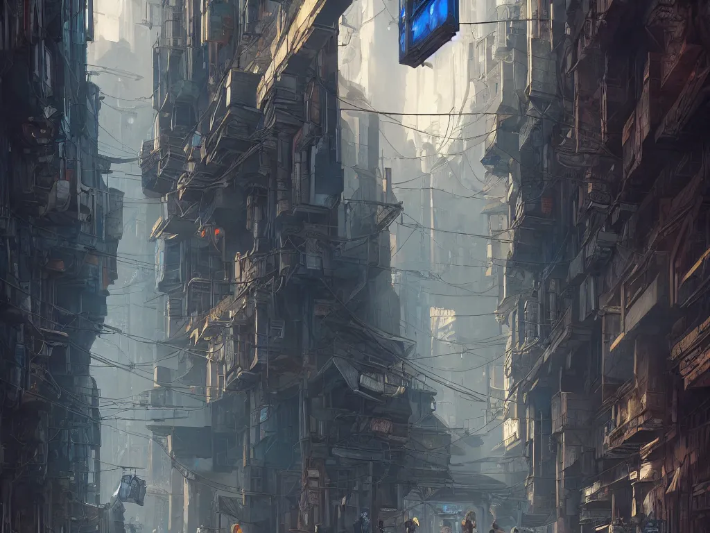 Prompt: hyperrealistic matte painting of a alleyway of a grand city, wanderers traveling from afar, 8 k resolution, by hugh ferris and john smith, polished, fine detail, blue color scheme, cyberpunk style, smooth, octane, concept art, trending on artstation