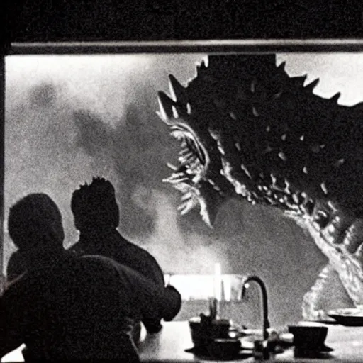 Image similar to wide scenic shot from the scene from the David Lynch production of Godzilla where the conjoined chefs cook. The chefs are conjoined at the head and neck, they share one head. Cinematic, VHS copy, film grain, 35mm film.