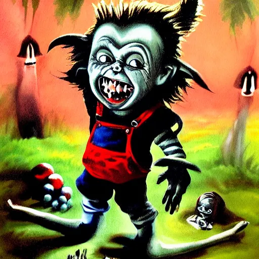 Prompt: dark fantasy painting of chucky by dr seuss | horror themed | creepy