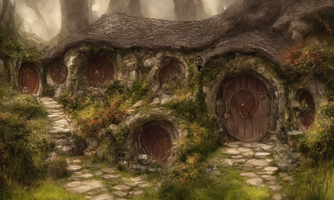 Image similar to The house of the Hobbit Bilbo Baggins, highly detailed, digital painting, artstation, concept art, smooth, sharp focus ilustration, Artstation HQ