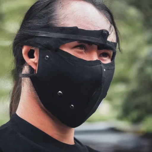 Image similar to an ancient warrior in black wearing a metal face mask