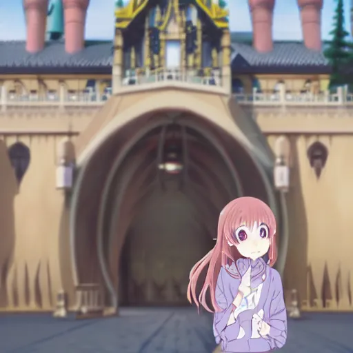 Image similar to menhera - chan, anime girl with long brown hair and black hoodie, posting in front of the wdw castle, kyoani, kyoto animation, key visual