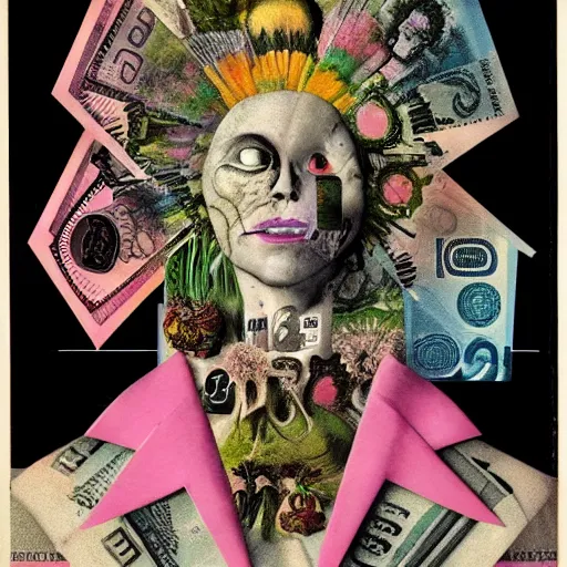 Image similar to post - punk new age album cover, asymmetrical design, dollar bank notes, capitalism, magic, apocalypse, psychedelic, black white pink, magic, giger h. r., giuseppe arcimboldo