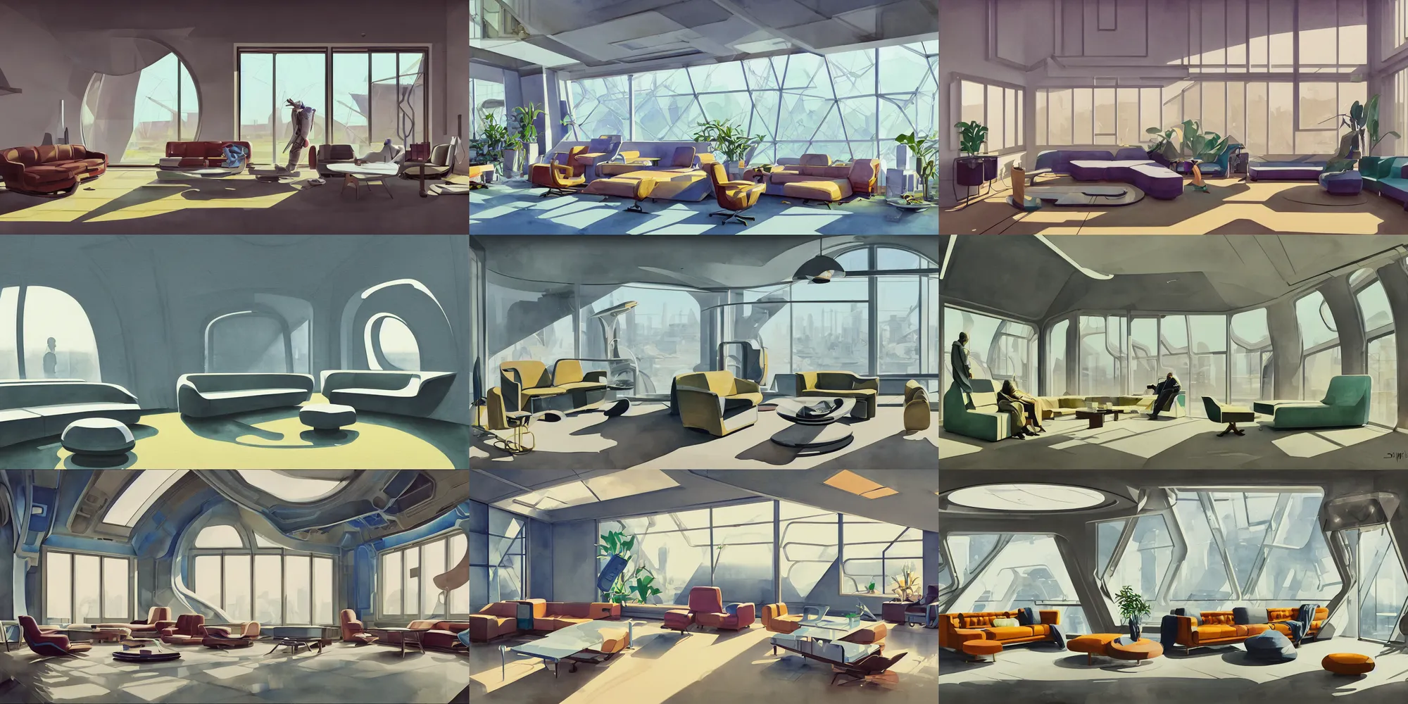 Prompt: a beautiful illustration of futuristic interior studio, lots of furniture, sofa, waiting room, big medium small, sacred geometry, golden ratio, in watercolor gouache detailed paintings, in style of syd mead, trending on artstation, 8 k, panel, hard surface, vent, zaha hadid, props, plant, cozy, decoration,, simon stalenhag, deus ex