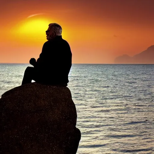 Image similar to old man sitting on a rock and watching beautiful sunset, long beard, warm colors, sea view, silhouette, trending in artstation, soft light