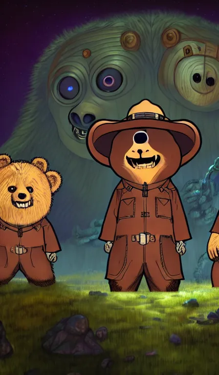 Image similar to 4 k disco elysium portrait country bears marc davis made in abyss design background of liminal space arnold lobel, madness, trauma, scott cawthon art in the style of akihito tsukushi