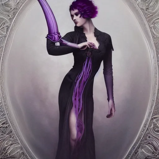 Image similar to by tom bagshaw, photorealistic body shot of absurdities and mushrooms, very beautiful curvy full gothic long dress fantasy, ultra deep fog, purple black lustrous thin haircut, symmetry accurate features, focus, very intricate ultrafine details, award winning masterpiece