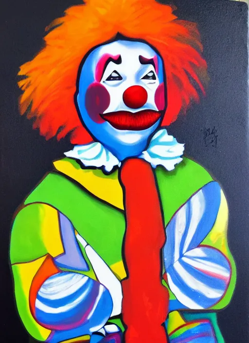 Prompt: clown, asymmetric, acrylic paint, diluted paint